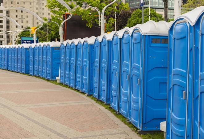 Seasonal porta potty units set up at a Galt, California venue